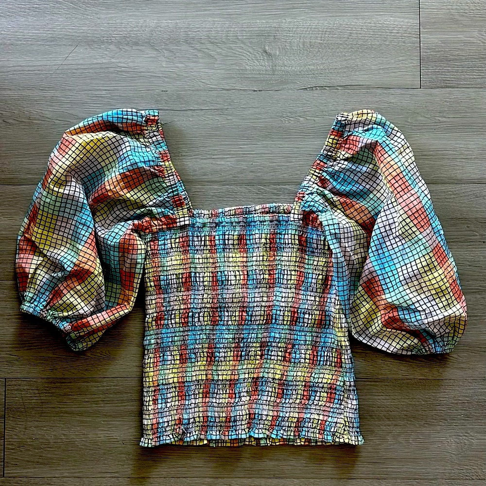 Ganni Multicolor Checkered Puff Sleeve Blouse